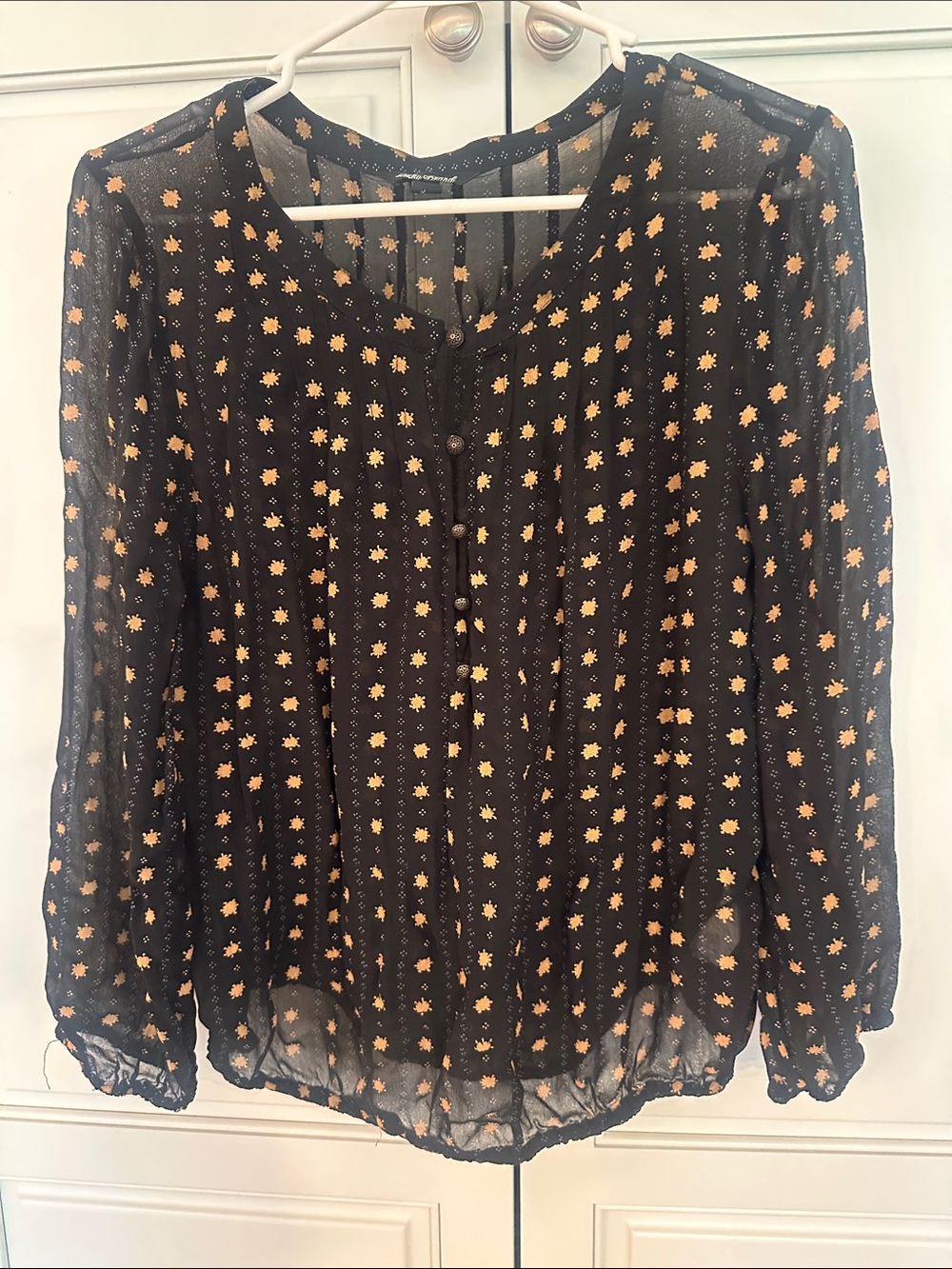 Lucky Brand Black Semi-Sheer Blouse with Gold  Star motif.  Size M.